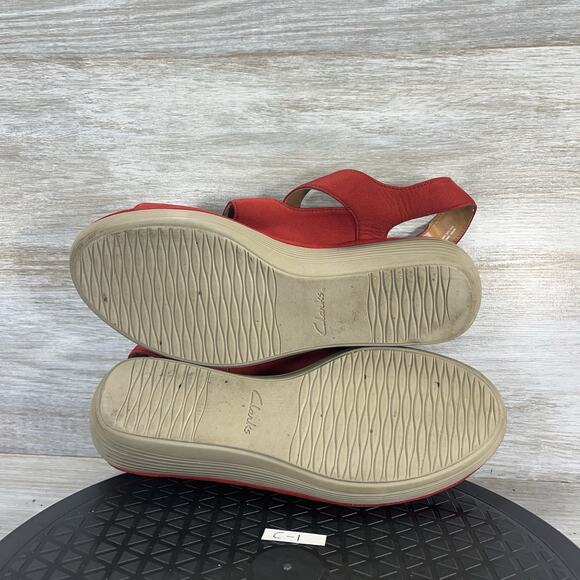 Clarks Women’s Reedly Juno Red Leather Nubuck Wedge Sandals Size 10 - Picture 8 of 8